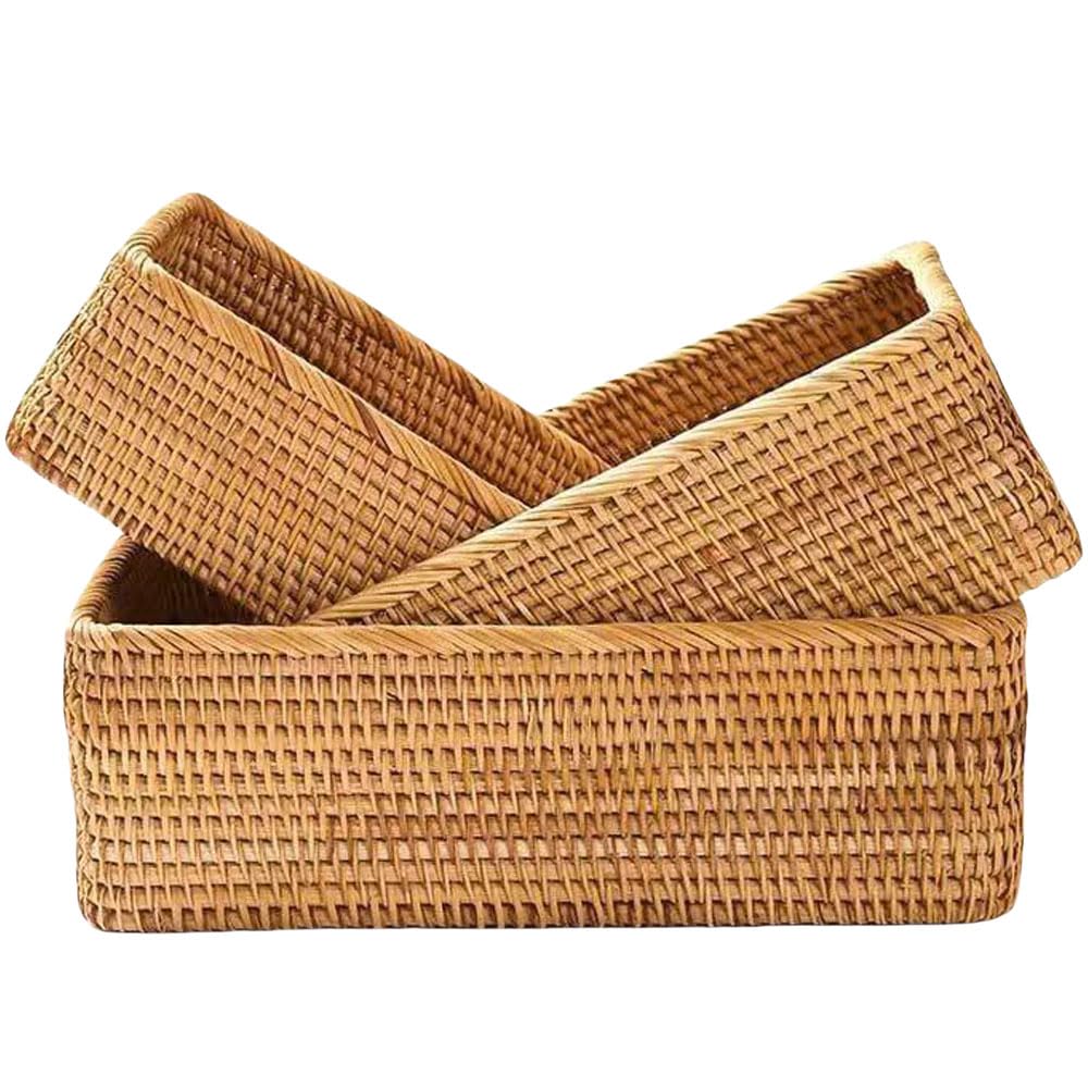 Rattan Bread Basket, Hand Woven Fruit Basket, Wicker Serving Basket Bowl, Decorative Baskets for Kitchen Counter Organizing, Set of 3 (Wave)