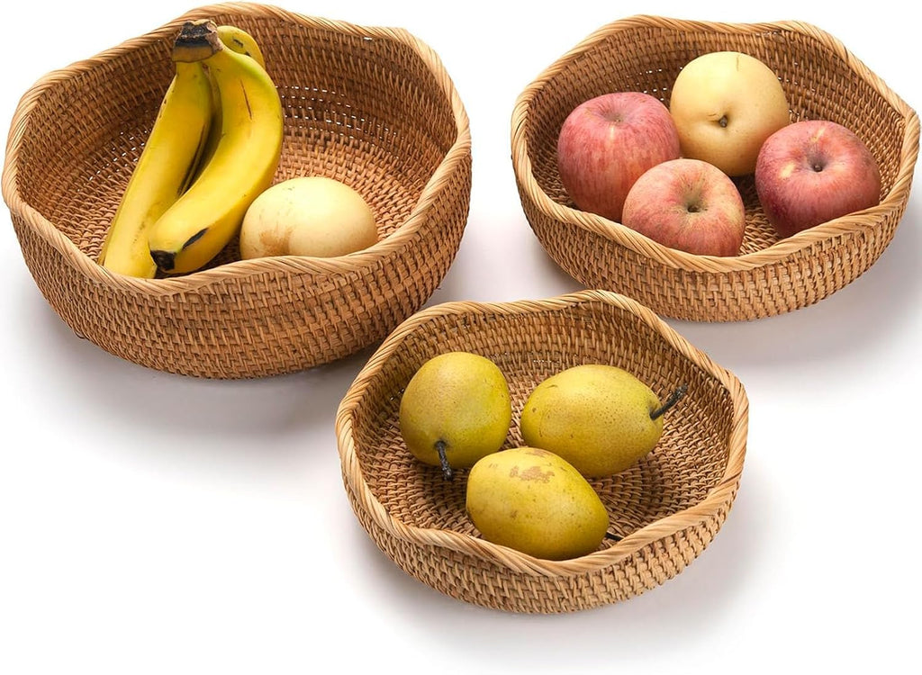 Rattan Bread Basket, Hand Woven Fruit Basket, Wicker Serving Basket Bowl, Decorative Baskets for Kitchen Counter Organizing, Set of 3 (Wave)