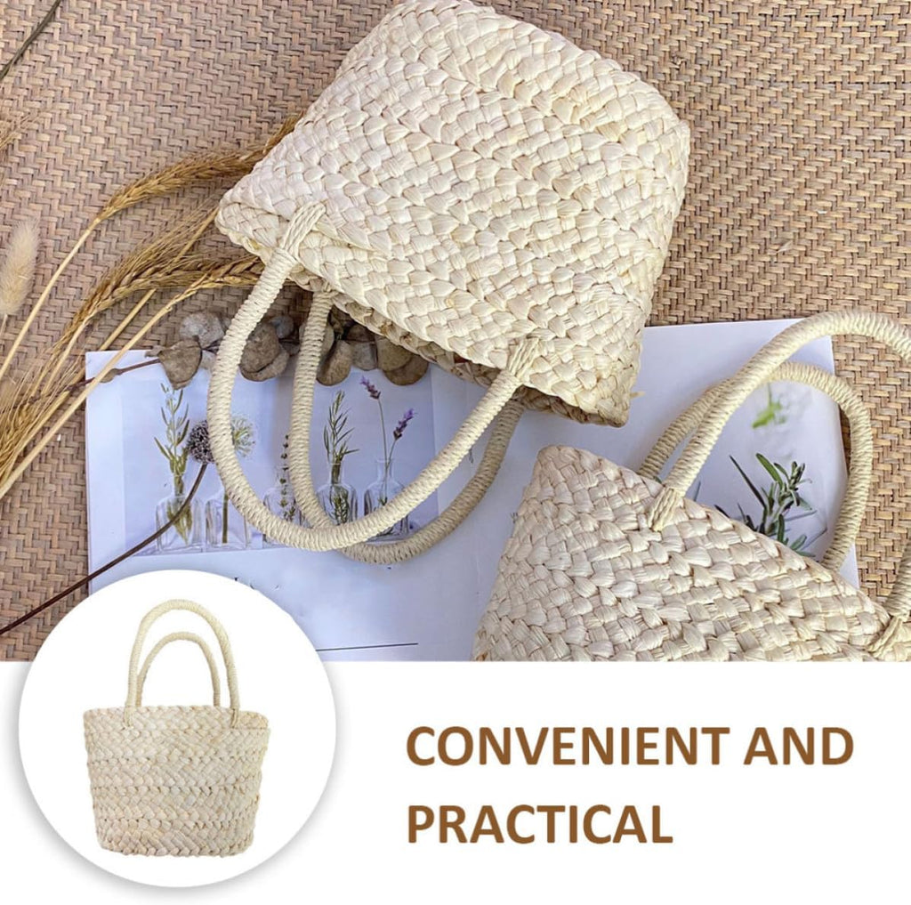 Natural Handwoven Corn Husk Basket with Strong Handmade Weaving, Delicate Fine Texture Storage Basket Suitable for Wedding Flower Girl or Home Decoration
