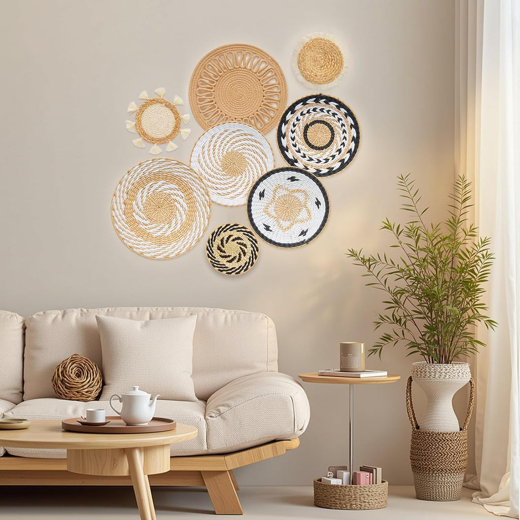 8 Pcs Boho Wall Decor, 12 Inch Rattan Wall Decor Round Handmade Hanging, Rattan Woven Wall Basket Decor for Living Room, Rustic Flat Elegant, Farmhouse, Bedrooms, Table Settings, Kitchen Home