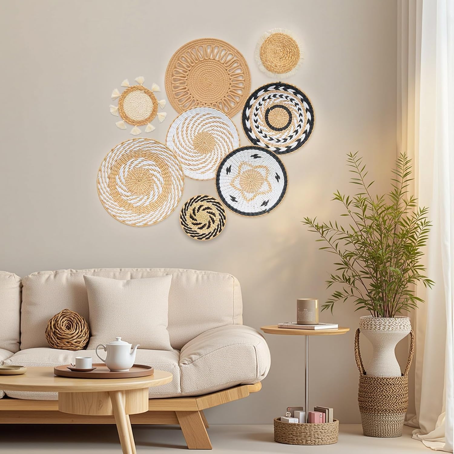 8 Pcs Boho Wall Decor, 12 Inch Rattan Wall Decor Round Handmade Hanging, Rattan Woven Wall Basket Decor for Living Room, Rustic Flat Elegant, Farmhouse, Bedrooms, Table Settings, Kitchen Home