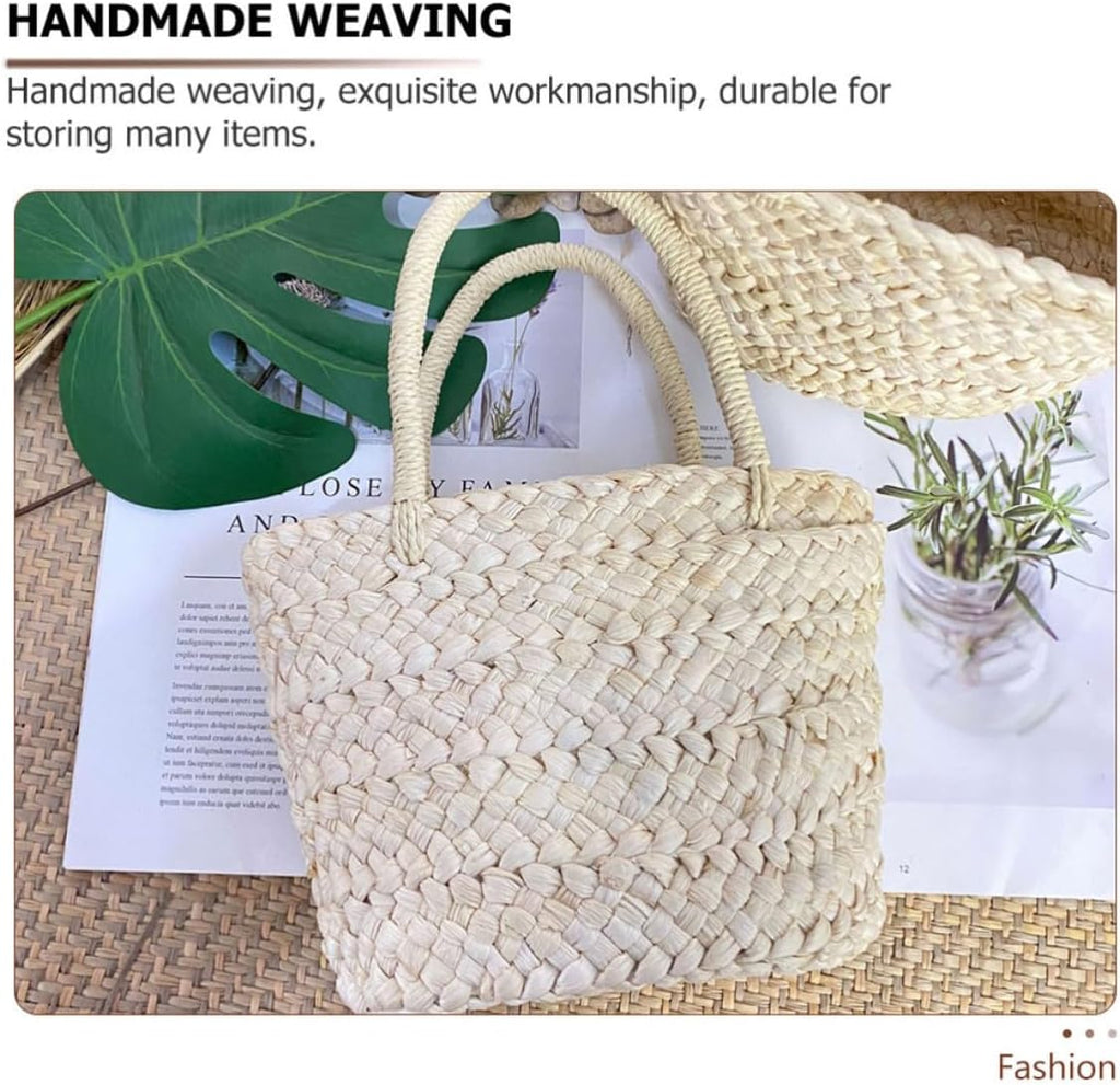 Natural Handwoven Corn Husk Basket with Strong Handmade Weaving, Delicate Fine Texture Storage Basket Suitable for Wedding Flower Girl or Home Decoration