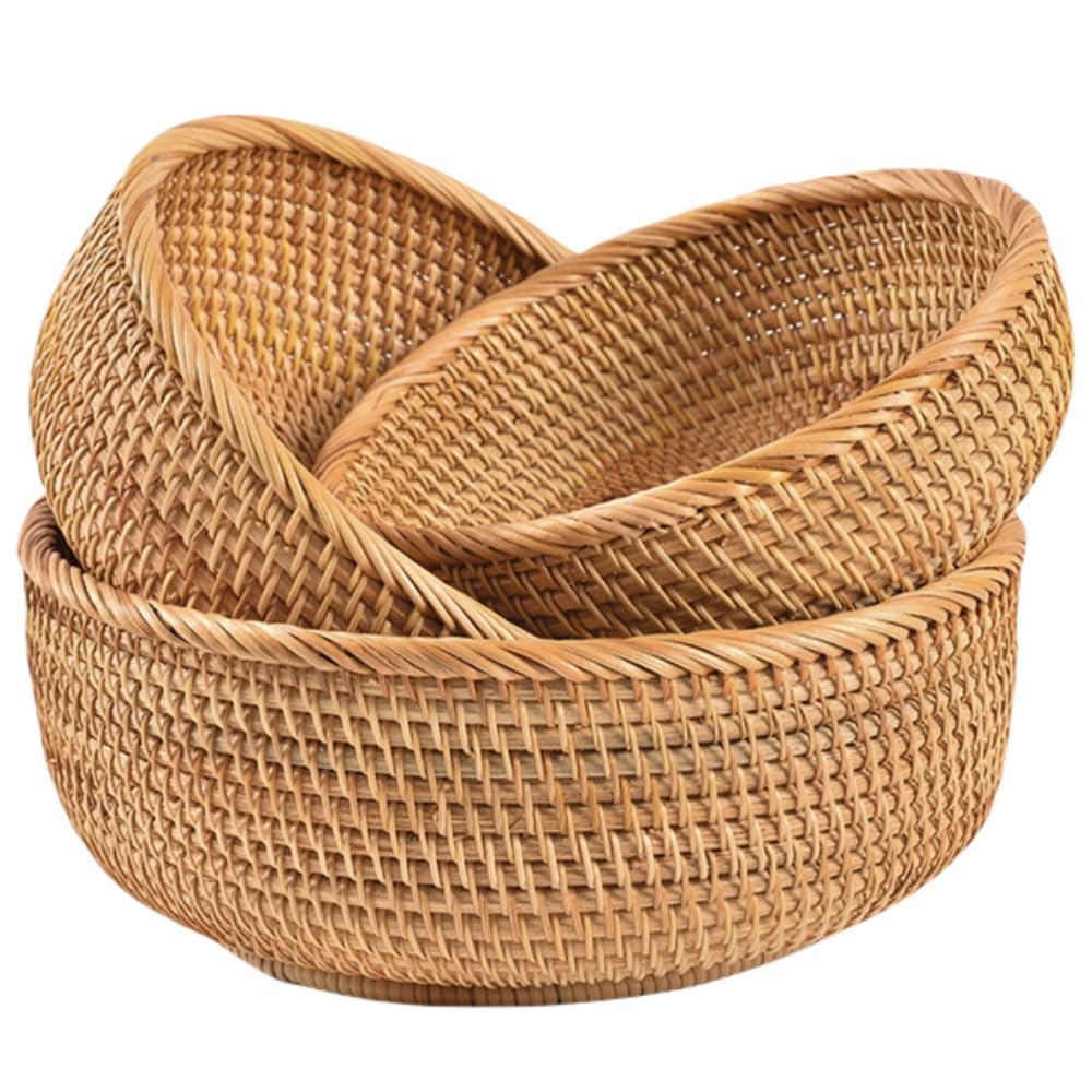 Rattan Bread Basket, Hand Woven Fruit Basket, Wicker Serving Basket Bowl, Decorative Baskets for Kitchen Counter Organizing, Set of 3 (Wave)