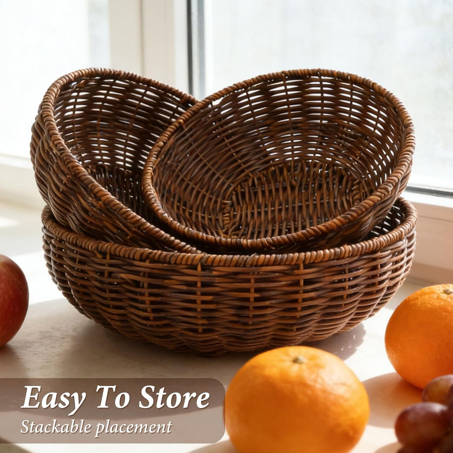 3Pcs Handwoven Bread Wicker Baskets,Stackable Round Versatile Food Serving Bowl Fruit Vegetable Storage Basket for Kitchen Counter Dining Table and Decor