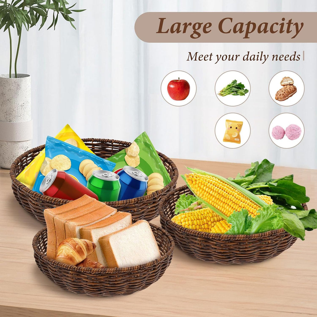 3Pcs Handwoven Bread Wicker Baskets,Stackable Round Versatile Food Serving Bowl Fruit Vegetable Storage Basket for Kitchen Counter Dining Table and Decor