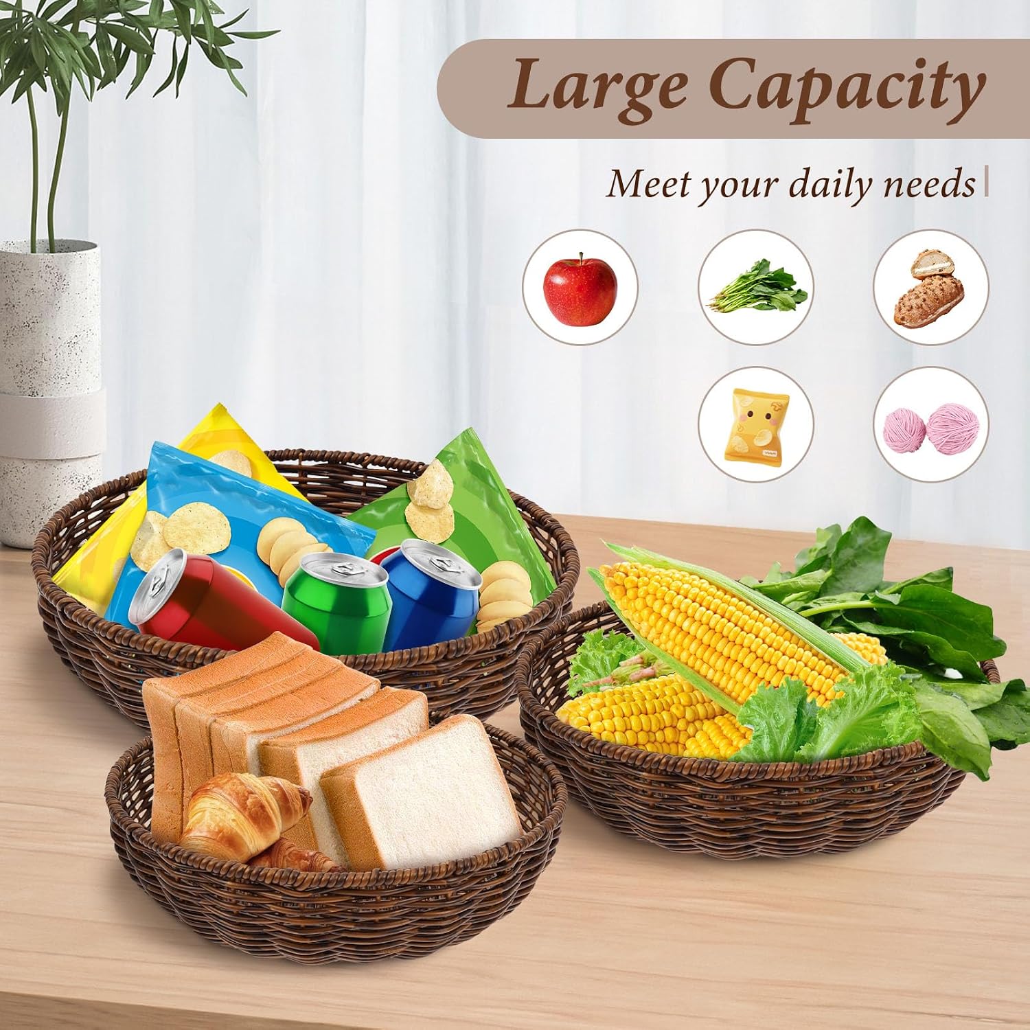 3Pcs Handwoven Bread Wicker Baskets,Stackable Round Versatile Food Serving Bowl Fruit Vegetable Storage Basket for Kitchen Counter Dining Table and Decor