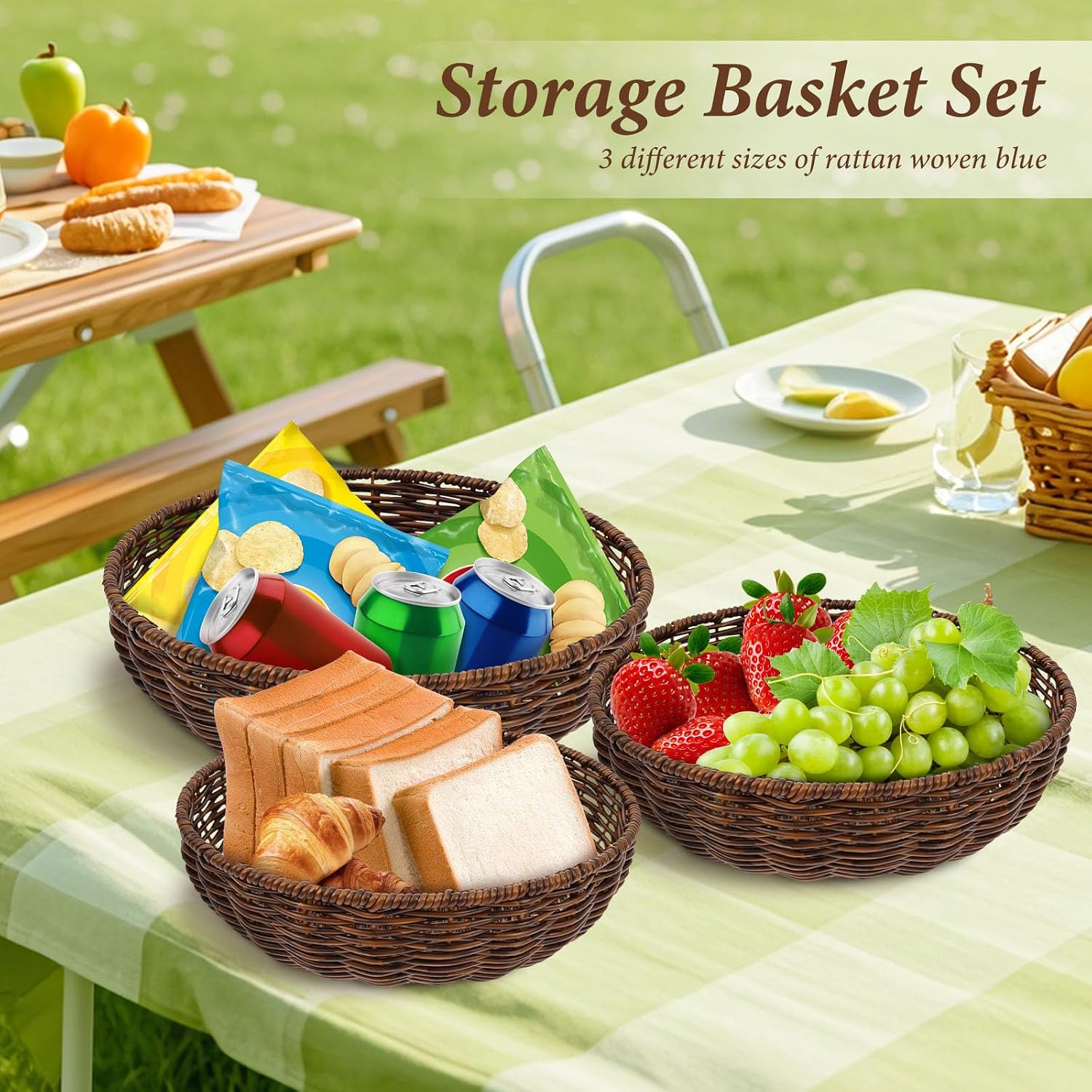 3Pcs Handwoven Bread Wicker Baskets,Stackable Round Versatile Food Serving Bowl Fruit Vegetable Storage Basket for Kitchen Counter Dining Table and Decor