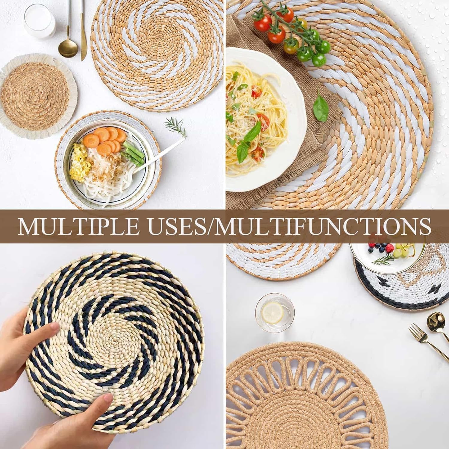 8 Pcs Boho Wall Decor, 12 Inch Rattan Wall Decor Round Handmade Hanging, Rattan Woven Wall Basket Decor for Living Room, Rustic Flat Elegant, Farmhouse, Bedrooms, Table Settings, Kitchen Home