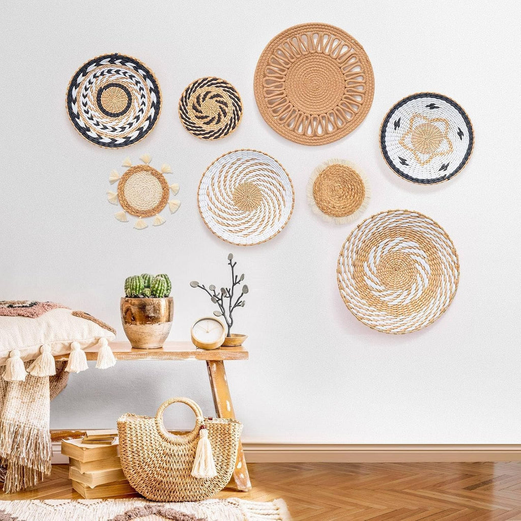 8 Pcs Boho Wall Decor, 12 Inch Rattan Wall Decor Round Handmade Hanging, Rattan Woven Wall Basket Decor for Living Room, Rustic Flat Elegant, Farmhouse, Bedrooms, Table Settings, Kitchen Home