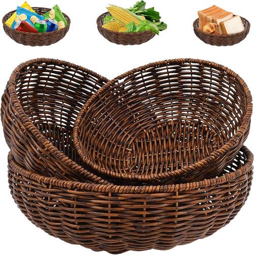 3Pcs Handwoven Bread Wicker Baskets,Stackable Round Versatile Food Serving Bowl Fruit Vegetable Storage Basket for Kitchen Counter Dining Table and Decor