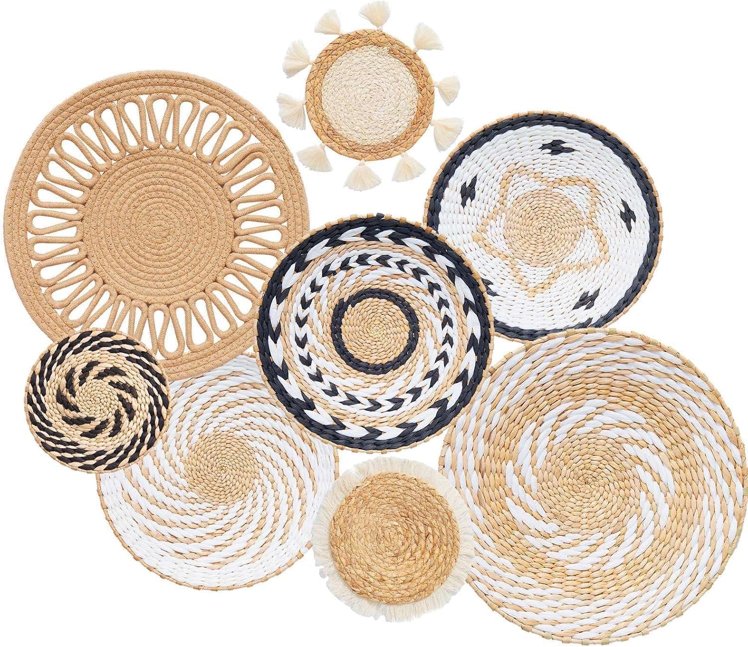 8 Pcs Boho Wall Decor, 12 Inch Rattan Wall Decor Round Handmade Hanging, Rattan Woven Wall Basket Decor for Living Room, Rustic Flat Elegant, Farmhouse, Bedrooms, Table Settings, Kitchen Home
