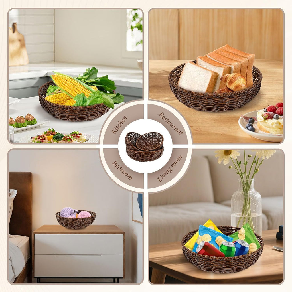 3Pcs Handwoven Bread Wicker Baskets,Stackable Round Versatile Food Serving Bowl Fruit Vegetable Storage Basket for Kitchen Counter Dining Table and Decor