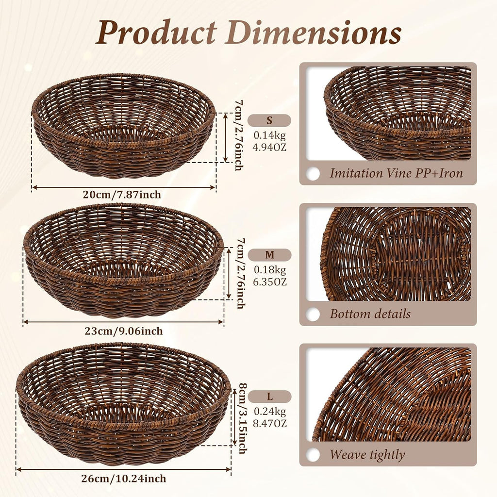 3Pcs Handwoven Bread Wicker Baskets,Stackable Round Versatile Food Serving Bowl Fruit Vegetable Storage Basket for Kitchen Counter Dining Table and Decor