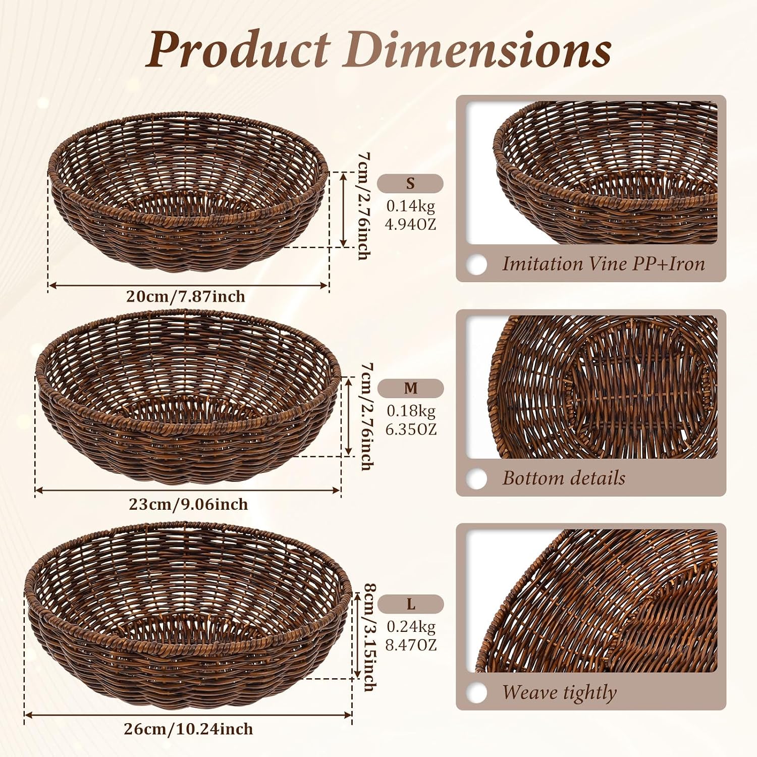 3Pcs Handwoven Bread Wicker Baskets,Stackable Round Versatile Food Serving Bowl Fruit Vegetable Storage Basket for Kitchen Counter Dining Table and Decor