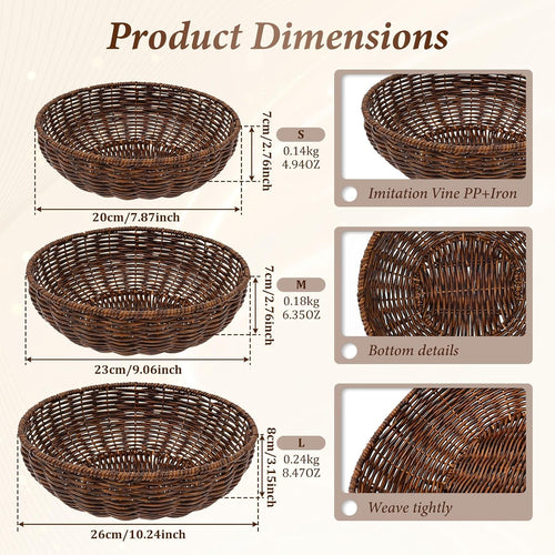 3Pcs Handwoven Bread Wicker Baskets,Stackable Round Versatile Food Serving Bowl Fruit Vegetable Storage Basket for Kitchen Counter Dining Table and Decor